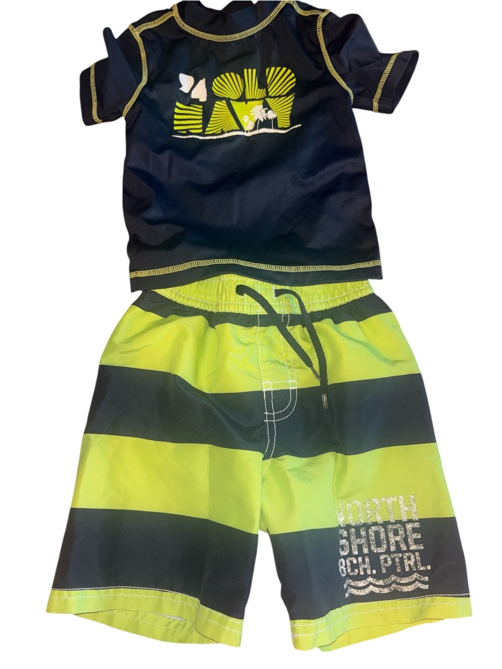 Old Navy Boys Black and Lime Green Striped Swim Trunks Set